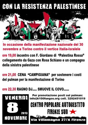 Volantino 8 Novembre - Cena campigiana benefit pulman manifestazione torino palestina