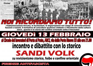 Volantino 14 Febbraio 2014 Incontro dibattito revisionismo storico foibe confine orientale con sandi volk