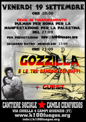 Volantino 19 Settembre 2014 Concerto Gozzilla cena finanziamento pullman manifestazione Palestina