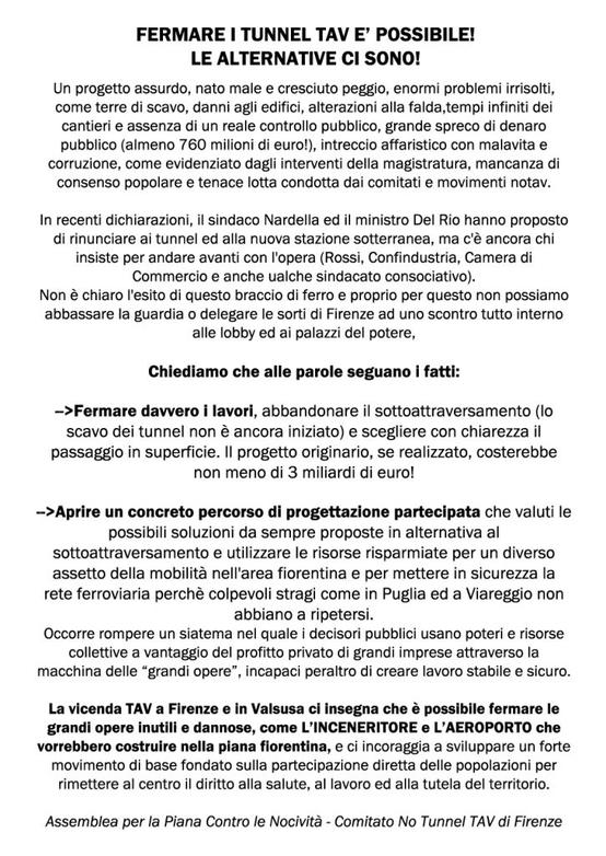 Volantino 26 Luglio 2016 corteo informativo - Sottoattraversamento TAV Firenze un buco da 760 milioni