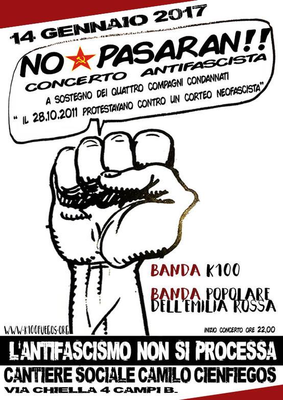 Volantino 14 Gennaio 2017 No Pasaran! banda k100 e banda Emila rossa